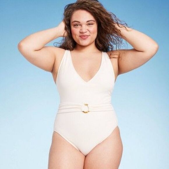 Shade & Shore Women's V-Neck One Piece Swimsuit Belted Swimwear, White XL - Picture 3 of 4